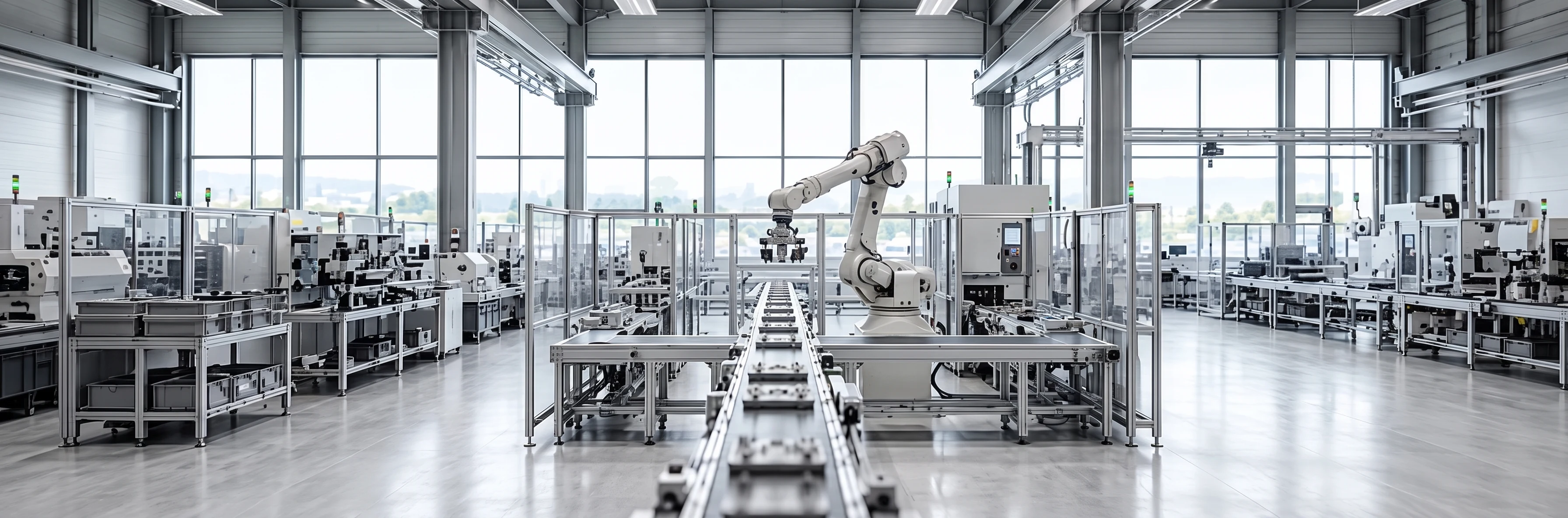 Helle, moderne Produktionshalle eines mittelständischen Betriebs, eine Förderstrecke führt zu einem Roboterarm